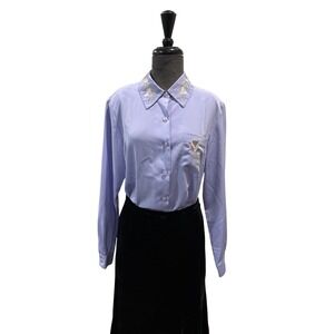 Cathy Che Lavender Embroidered Floral Button Down Blouse Long Sleeve Purple Sz 8